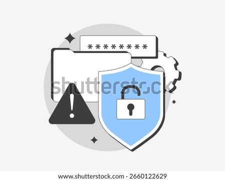 Ransomware data protection with secure file encryption, password shield and alert system for preventing cyber attacks. Ransomware data protection and stop unauthorized access flat vector illustration