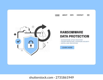 Ransomware data protection with shield lock, recovery cycle, warning alert, ransomware attack prevention, password security, digital risk management in cybersecurity landing page vector illustration