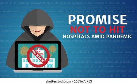 Ransomware Groups Promise Not To Hit Hospitals Amid Pandemic, No Hack On Hospital In Laptop Screen, Hacker At Laptop, Binary Code Background, Coronavirus, Covid-19.