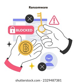 Ransomware hacker attack. Type of extortion software or malware that locks access to data or a computer system. Hacker demanding a ransom to unblock the database. Flat vector illustration