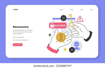 Ransomware hacker attack web banner or landing page. Extortion software or malware that locks access to computer system. Hacker demanding a ransom to unblock the database. Flat vector illustration