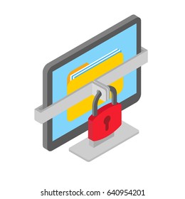 Ransomware isometric illustration, hacked computer data isolated concept