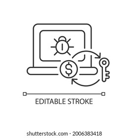 Ransomware Linear Icon. Encrypting Victim Files, Demanding Payment. Malicious Software. Thin Line Customizable Illustration. Contour Symbol. Vector Isolated Outline Drawing. Editable Stroke