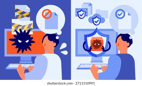 El ransomware bloquea los archivos, en contraste con un hombre que restaura datos limpios a partir de copias de seguridad seguras. Los escudos bloquean el virus y mantienen aislada la continuidad segura del negocio