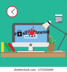 Ransomware, malicious software that blocks access to the victim's data.  Internet crime concept during Covid 19 pandemic