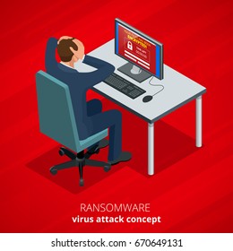 Ransomware, malicious software that blocks access to the victim's data. Hacker attacks network. Isometric vector illustration. Internet crime concept. E-mail spam viruses bank account hacking. 