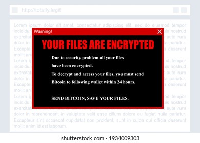 Ransomware message - encrypted files ransom. Vector illustration of ransomware danger concept.