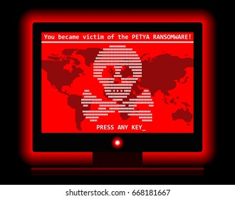 Ransomware Petya computer virus cyber attack screen with skull cool vector illustration