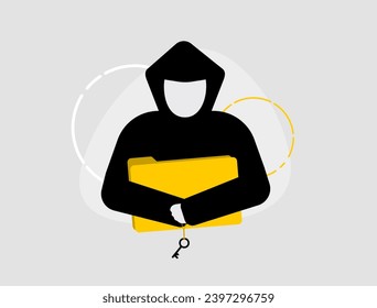 Ransomware program, encryptor of personal files. Hacker in black hoodie holds folder icon with personal confidential data, wanting ransom for the decryption key. Ransomware Anonymous Hacker Attack