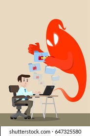 Ransomware. A red terror does encrypts file for ransom behind user desk. Vector illustration