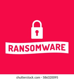 Ransomware. Ribbon with lock icon. Flat vector illustration on red background.