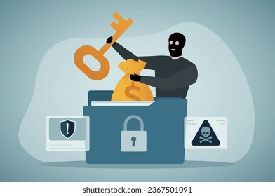 Ransomware, telecom fraud concept. Hacker anonymous holds key and demands money.Personal data leakage.