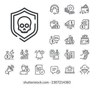 Signo de amenaza de Ransomware. Iconos en el esquema de dinero en efectivo, préstamos e hipotecas. Icono de la línea de ataque cibernético. Símbolo de protección de datos. Signo de la línea de ataque cibernético. Tarjeta de crédito, icono de cartera cripto. Vector