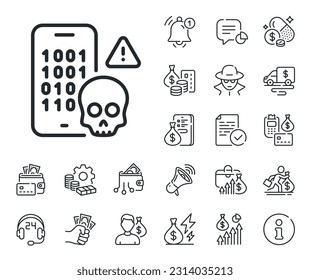 Ransomware threat sign. Cash money, loan and mortgage outline icons. Cyber attack line icon. Phone hacking symbol. Cyber attack line sign. Credit card, crypto wallet icon. Vector