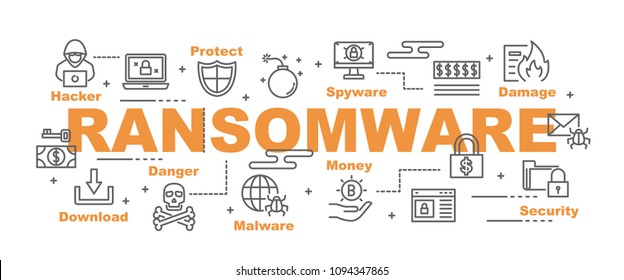 Ransomware Vector Banner Design Concept, Flat Style With Icons