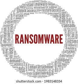 Nube de palabras de ilustración vectorial de Ransomware aislada en un fondo blanco.