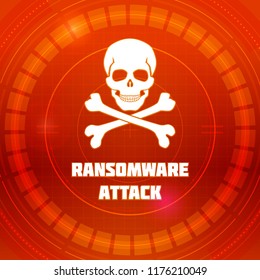 Ransomware virus, emblem of Malware attack. Skull and crossed bones on red background of HUD cyberspace. Pattern of warning of cybercrime, concept of interface cyber security. Vector 3D illustration.