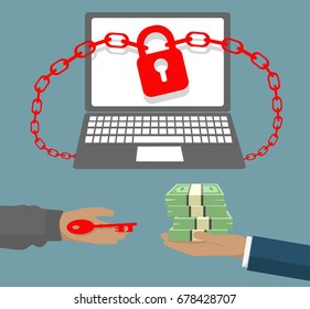 Ransomware virus locked business computer with Hand holding banknotes and key to padlock
