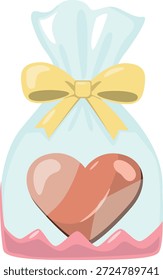 Bolsa de regalo transparente con caramelos en forma de corazón, que representa regalos románticos y dulzura del Día de San Valentín.
