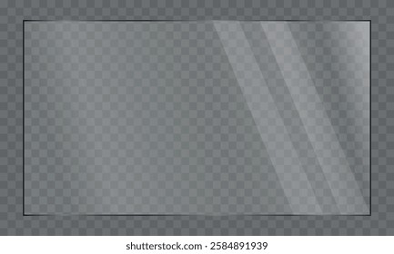 ransparent shiny glass plate. Plastic sheet. Clear glass showcase on a transparent background. Realistic window, laptop or TV screen glare or reflection.