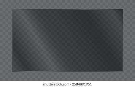 ransparent shiny glass plate. Plastic sheet. Clear glass showcase on a transparent background. Realistic window, laptop or TV screen glare or reflection.PNG.	