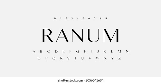 Ranum an minimal urban font creative modern alphabet. Typography with uppercase and number. minimalist style fonts set. vector illustration eps 10