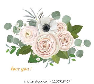 ranunculus anemone eucalyptus peach rose flowers bouquet illustration. vector design concept