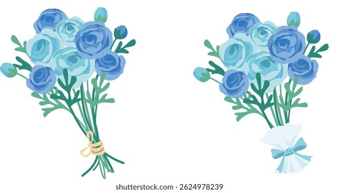 Ranunculus bouquet. Bouquet bound with straw twine and wrapped with ribbon.Both blue and light blue flowers are together. They look like a bouquet of roses.