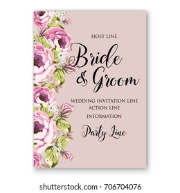 Ranunculus and daisy, peony floral wreath wedding invitation template. 