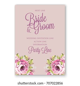 Ranunculus and daisy, peony floral wreath wedding invitation template.