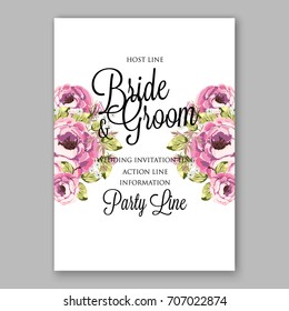 Ranunculus and daisy, peony floral wreath wedding invitation template.