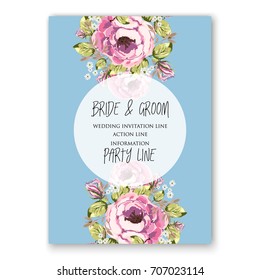 Ranunculus and daisy, peony floral wreath wedding invitation template.