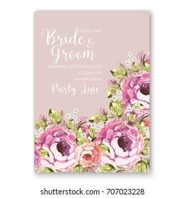 Ranunculus and daisy, peony floral wreath wedding invitation template.
