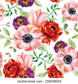 Ranunculus flowers and green leaves in arrangements on the white background. Watercolor seamless pattern with bright red, pink, yellow, violet flowers. 