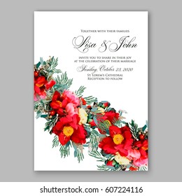 Ranunculus red wedding invitation. Peony anemone bridal bouquet