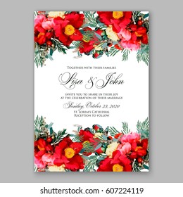 Ranunculus red wedding invitation. Peony anemone bridal bouquet