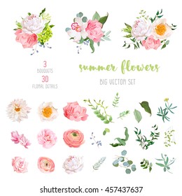 Ranunculus, rose, peony, dahlia, camellia, carnation, orchid, hydrangea flowers and decorative plants big vector collection. All elements are isolated and editable.