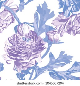 Ranunculus Seamless Pattern. Watercolor illustration. Vector Background, eps 8.
