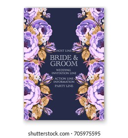 Ranunculus violet rose, peony wedding invitation