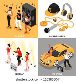 Rap 2x2 design concept set of singing rappers music accessories rap battle and fans square compositions isometric vector illustration