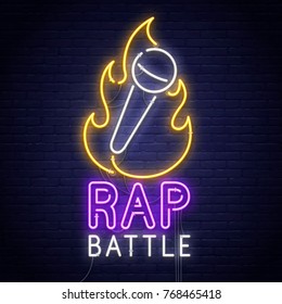 Rap Battle. 3d neon sign. Realistic neon sign. Battle banner, logo, emblem and label. Bright signboard, light banner. 