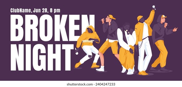 Rap battle advertising banner. Various singers on large fonts and dark background. Night club entertainment. Vector flat illustration