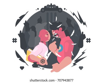 Rap battle flat style. Rappers compete of public. Vector illustration