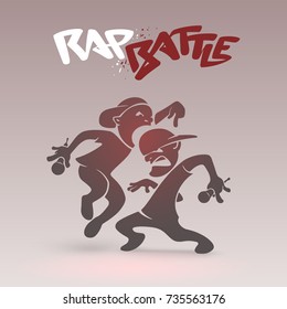 Rap Battle funny poster with a graffiti logo. Two aggressive rappers rivals each other by a tricky punchlines. Hip Hop spontaneous fight of urban figures which bounces and swings with a microphones.