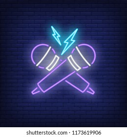 Rap battle neon icon. Crossed microphones and lightning on brick wall background. Show concept. Vector illustration can be used for neon signs, advertising, concert promotion