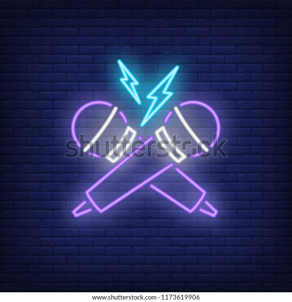 Rap battle neon\
icon. Crossed microphones and lightning on brick wall background.\
Show concept. Vector illustration can be used for neon signs,\
advertising, concert\
promotion