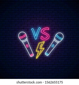 Rap battle neon sign with two microphones and lightning. Rap contest advertisement design. Bright banner, logo, emblem of hip-hop music. Vector illustration.