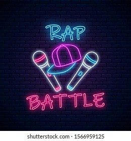 Rap battle neon sign with two microphones and baseball cap. Emblem of hip-hop music. Rap contest advertisement design. Bright banner, logo. Vector illustration.