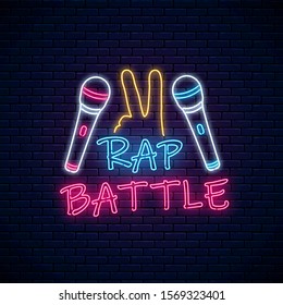 Rap battle neon sign with two microphones and yo gesture. Emblem of hip-hop music. Rap contest advertisement design. Bright banner, logo. Vector illustration.