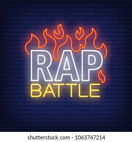 Rap battle neon text and fire. Neon sign, night bright advertisement, colorful signboard, light banner. Vector illustration in neon style.